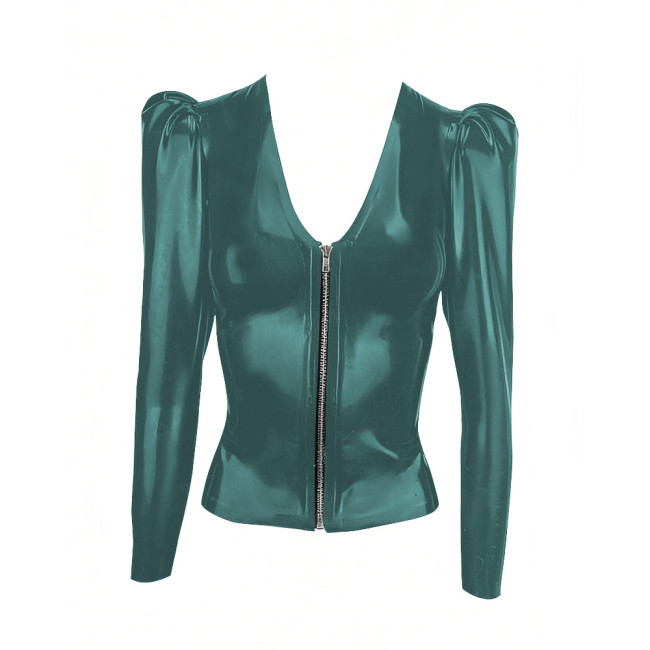 Low Cut Zipper PVC Shiny Jackets Women Long Sleeve Solid Color Coat Tops PU Glossy Leather Fashion Club T-shirt Wetlook Clubwear