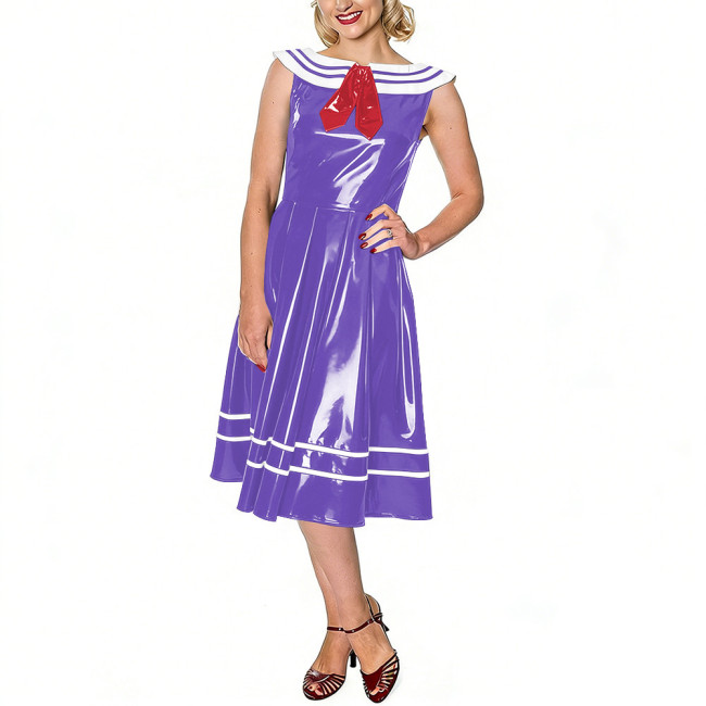 Vintage Sailor Dress for Women Glossy Leather PVC Sleeveless Midi Swing Dress with White Striped Collar Themed Parties Events