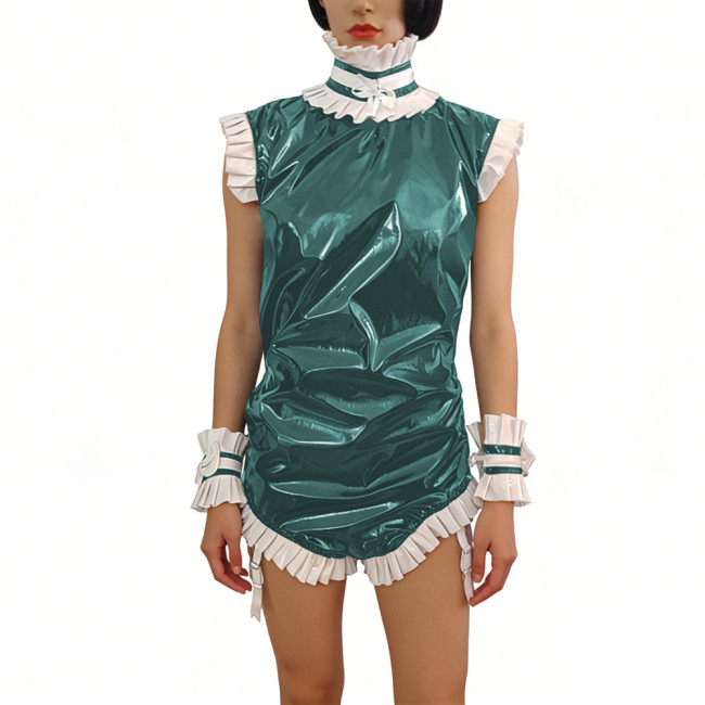 Sissy PVC Shiny Maid Outfit Ruffles High Neck Sleeveless Glossy Bodysuit with Wrist Cuffs Party Cosplay Role-Play Gatherings 7XL