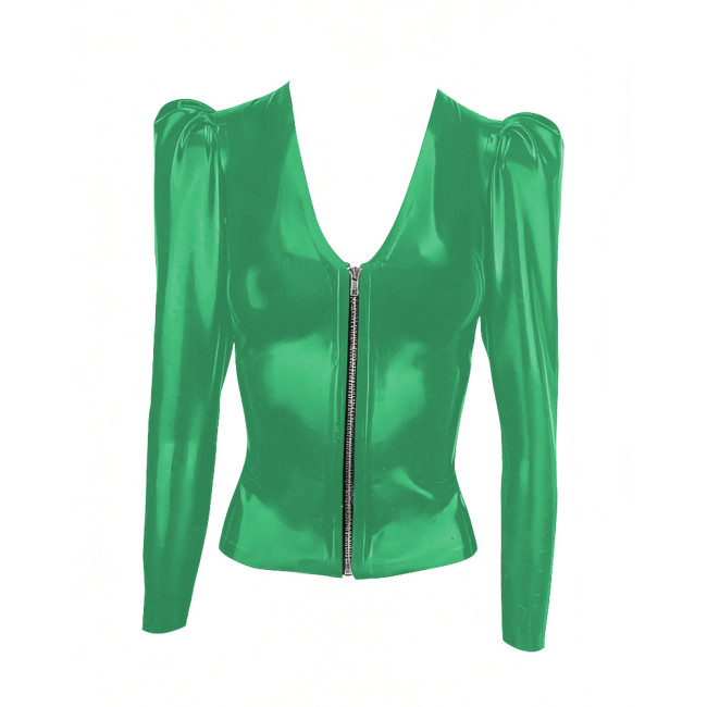 Low Cut Zipper PVC Shiny Jackets Women Long Sleeve Solid Color Coat Tops PU Glossy Leather Fashion Club T-shirt Wetlook Clubwear