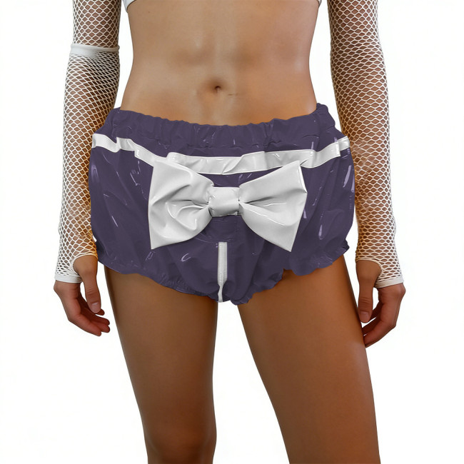 Crossdresser Glossy PVC Leather Bloomers with Bow Sissy Cute Ruffled Puffy Shorts for Halloween Cosplay Themed Party Lingerie