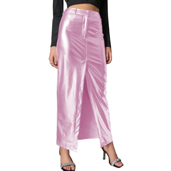 Plus Size Womens Long Pencil Skirts with High Spilt Shiny Metallic Package Hip Trendy Maxi Dresses Elegant Ladies Streetwear 8XL