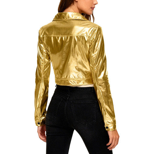 Adult Shiny Metallic Party Biker Jacket Asymmetrical Zipper Lapel Rave Festival Moto Coat Fashion Punk Streetwear Cosplay Top