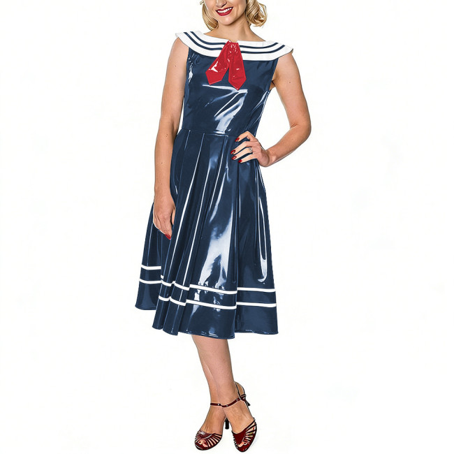 Vintage Sailor Dress for Women Glossy Leather PVC Sleeveless Midi Swing Dress with White Striped Collar Themed Parties Events