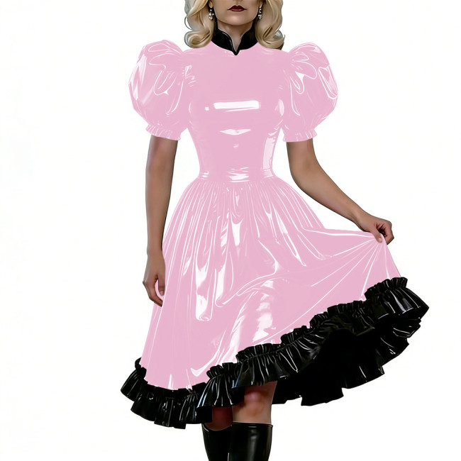 Puff Sleeves Gothic PVC Shiny Lolita Dresses High Waist Ruffled Hem Vintage Knee-length Dress Themed Party Cosplay Maid Outfits