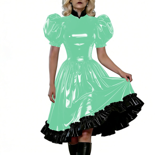 Puff Sleeves Gothic PVC Shiny Lolita Dresses High Waist Ruffled Hem Vintage Knee-length Dress Themed Party Cosplay Maid Outfits