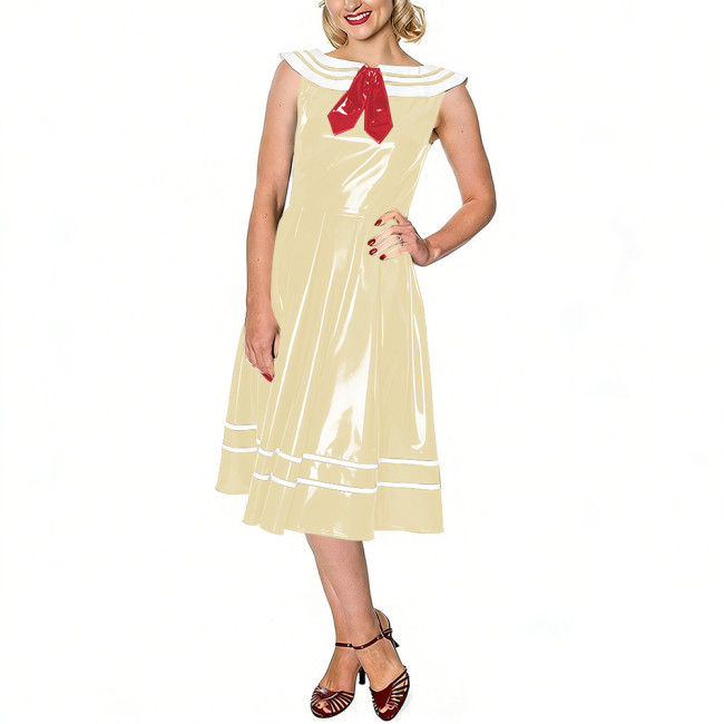 Vintage Sailor Dress for Women Glossy Leather PVC Sleeveless Midi Swing Dress with White Striped Collar Themed Parties Events