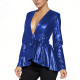 Chic Matte Faux Leather Peplum Jacket for Women Long Sleeve Belted Waist Wrap Coat Gothic Clubwear Fashion Sexy Party V-neck Top