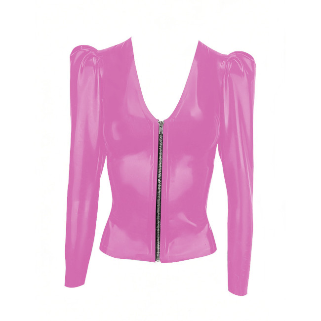 Low Cut Zipper PVC Shiny Jackets Women Long Sleeve Solid Color Coat Tops PU Glossy Leather Fashion Club T-shirt Wetlook Clubwear