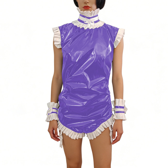 Sissy PVC Shiny Maid Outfit Ruffles High Neck Sleeveless Glossy Bodysuit with Wrist Cuffs Party Cosplay Role-Play Gatherings 7XL
