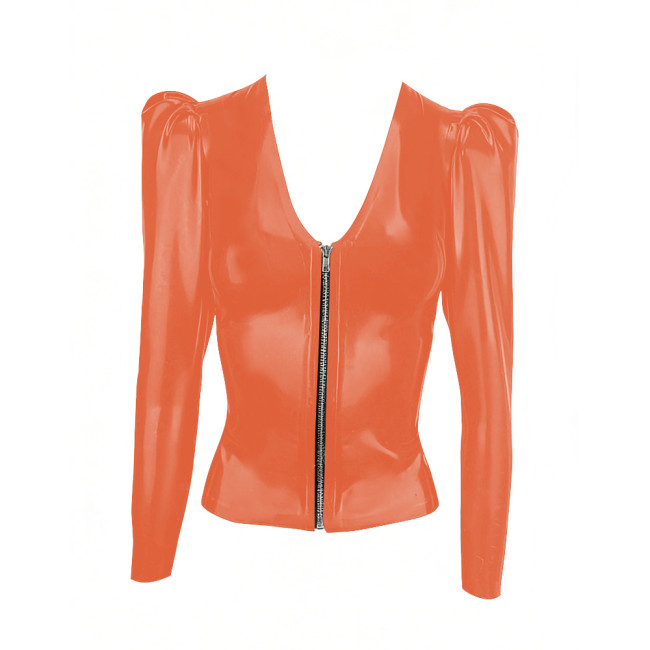 Low Cut Zipper PVC Shiny Jackets Women Long Sleeve Solid Color Coat Tops PU Glossy Leather Fashion Club T-shirt Wetlook Clubwear