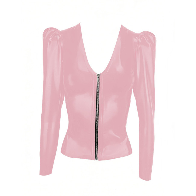 Low Cut Zipper PVC Shiny Jackets Women Long Sleeve Solid Color Coat Tops PU Glossy Leather Fashion Club T-shirt Wetlook Clubwear