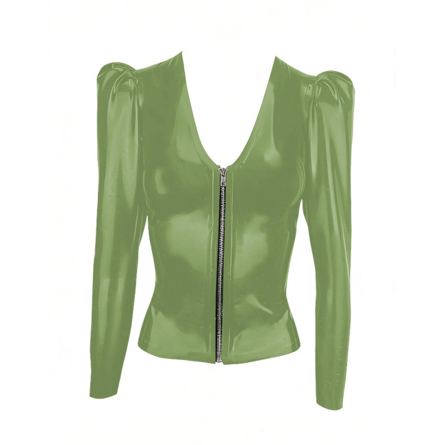 Low Cut Zipper PVC Shiny Jackets Women Long Sleeve Solid Color Coat Tops PU Glossy Leather Fashion Club T-shirt Wetlook Clubwear