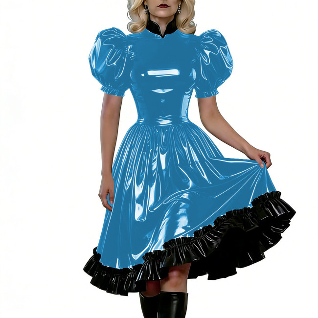 Puff Sleeves Gothic PVC Shiny Lolita Dresses High Waist Ruffled Hem Vintage Knee-length Dress Themed Party Cosplay Maid Outfits