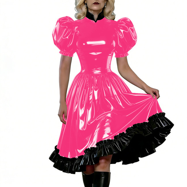 Puff Sleeves Gothic PVC Shiny Lolita Dresses High Waist Ruffled Hem Vintage Knee-length Dress Themed Party Cosplay Maid Outfits