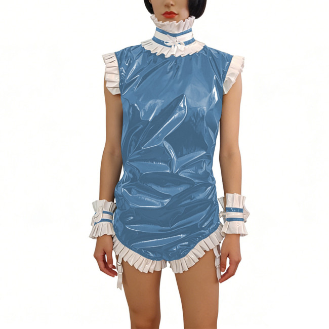 Sissy PVC Shiny Maid Outfit Ruffles High Neck Sleeveless Glossy Bodysuit with Wrist Cuffs Party Cosplay Role-Play Gatherings 7XL