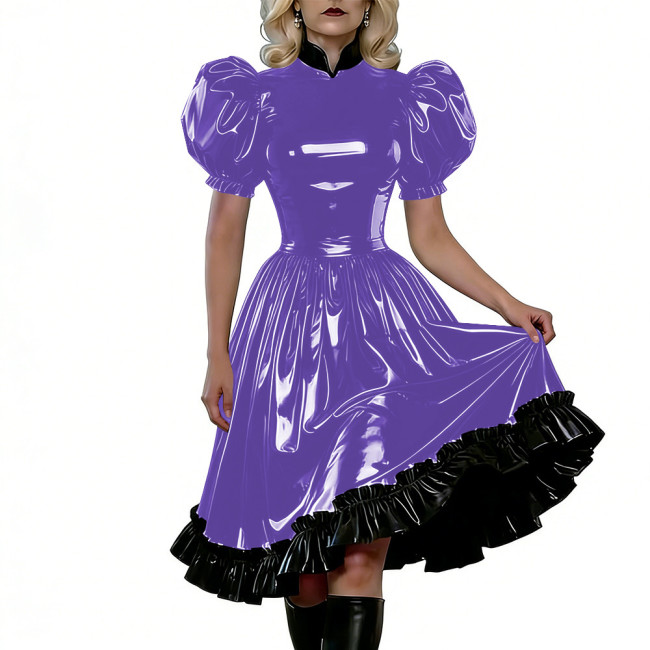 Puff Sleeves Gothic PVC Shiny Lolita Dresses High Waist Ruffled Hem Vintage Knee-length Dress Themed Party Cosplay Maid Outfits