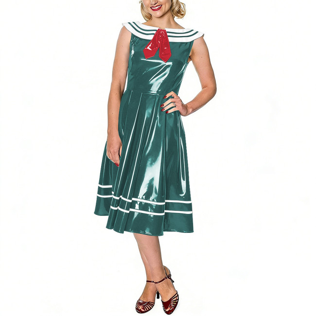 Vintage Sailor Dress for Women Glossy Leather PVC Sleeveless Midi Swing Dress with White Striped Collar Themed Parties Events