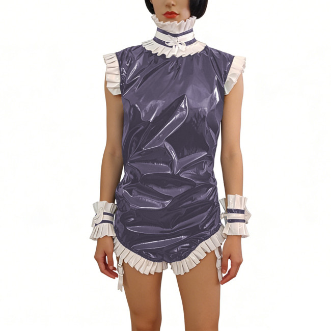 Sissy PVC Shiny Maid Outfit Ruffles High Neck Sleeveless Glossy Bodysuit with Wrist Cuffs Party Cosplay Role-Play Gatherings 7XL