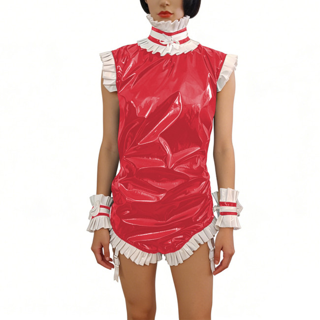 Sissy PVC Shiny Maid Outfit Ruffles High Neck Sleeveless Glossy Bodysuit with Wrist Cuffs Party Cosplay Role-Play Gatherings 7XL