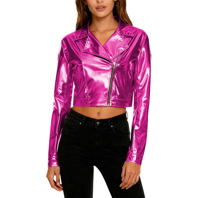 Adult Shiny Metallic Party Biker Jacket Asymmetrical Zipper Lapel Rave Festival Moto Coat Fashion Punk Streetwear Cosplay Top