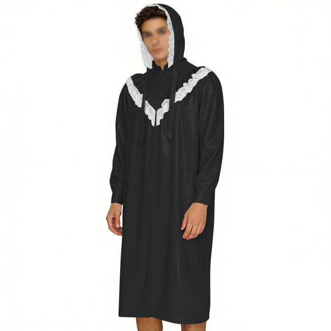 Crossdresser Wetlook Dress Sissy PVC Leather Sexy Hooded Nightgown Vintage Lace Sleepwear Gothic Zipper Front Cosplay Pajamas