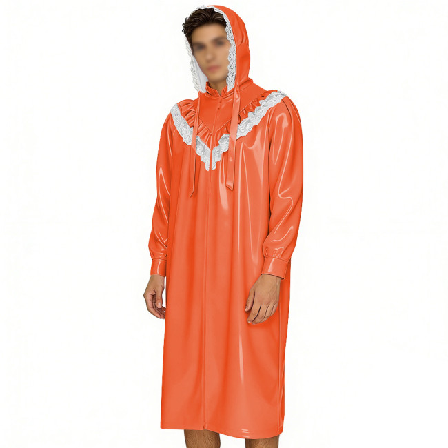 Crossdresser Wetlook Dress Sissy PVC Leather Sexy Hooded Nightgown Vintage Lace Sleepwear Gothic Zipper Front Cosplay Pajamas