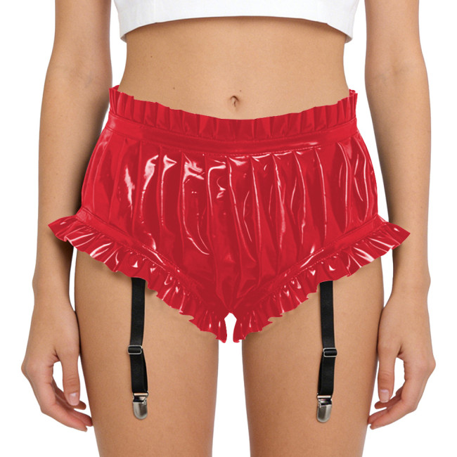 Lady Glossy PVC Leather Sexy High Waist Party Shorts Erotic Ruffle Booty Shorts Fetish Detachable Garters Gothic Cosplay Bottoms
