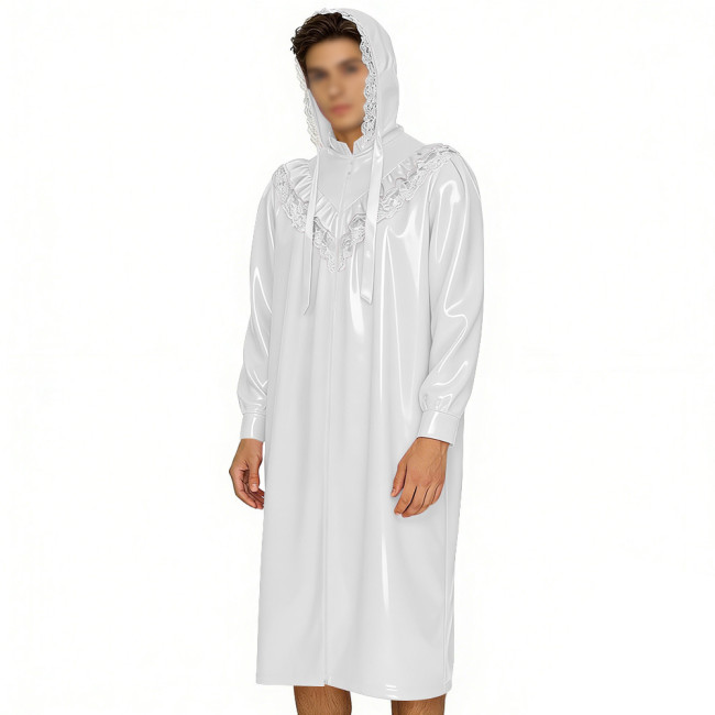 Crossdresser Wetlook Dress Sissy PVC Leather Sexy Hooded Nightgown Vintage Lace Sleepwear Gothic Zipper Front Cosplay Pajamas
