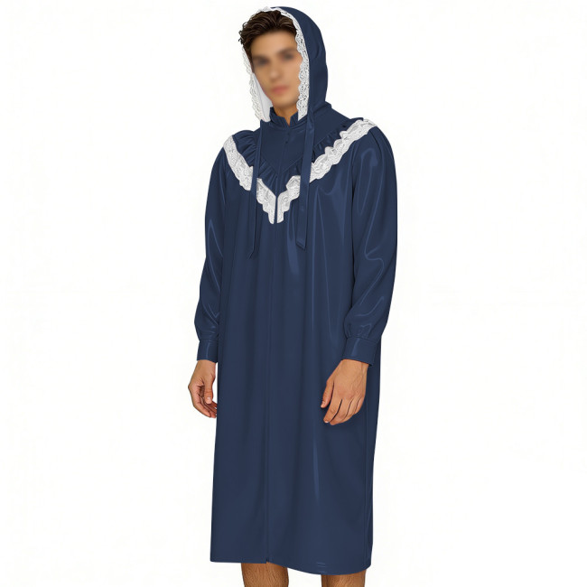 Crossdresser Wetlook Dress Sissy PVC Leather Sexy Hooded Nightgown Vintage Lace Sleepwear Gothic Zipper Front Cosplay Pajamas