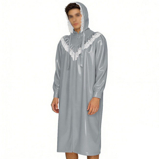 Crossdresser Wetlook Dress Sissy PVC Leather Sexy Hooded Nightgown Vintage Lace Sleepwear Gothic Zipper Front Cosplay Pajamas