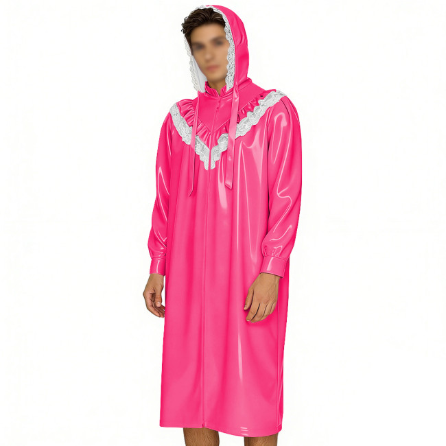 Crossdresser Wetlook Dress Sissy PVC Leather Sexy Hooded Nightgown Vintage Lace Sleepwear Gothic Zipper Front Cosplay Pajamas