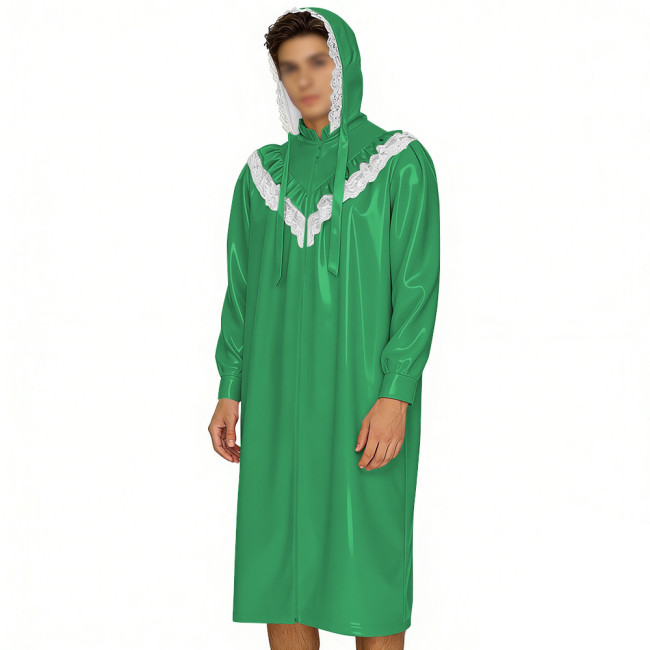 Crossdresser Wetlook Dress Sissy PVC Leather Sexy Hooded Nightgown Vintage Lace Sleepwear Gothic Zipper Front Cosplay Pajamas
