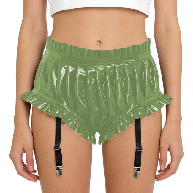 Lady Glossy PVC Leather Sexy High Waist Party Shorts Erotic Ruffle Booty Shorts Fetish Detachable Garters Gothic Cosplay Bottoms