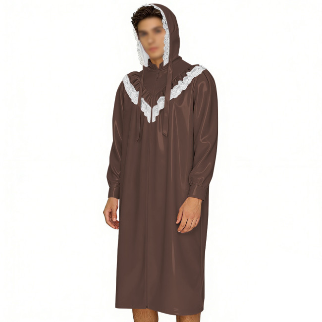 Crossdresser Wetlook Dress Sissy PVC Leather Sexy Hooded Nightgown Vintage Lace Sleepwear Gothic Zipper Front Cosplay Pajamas