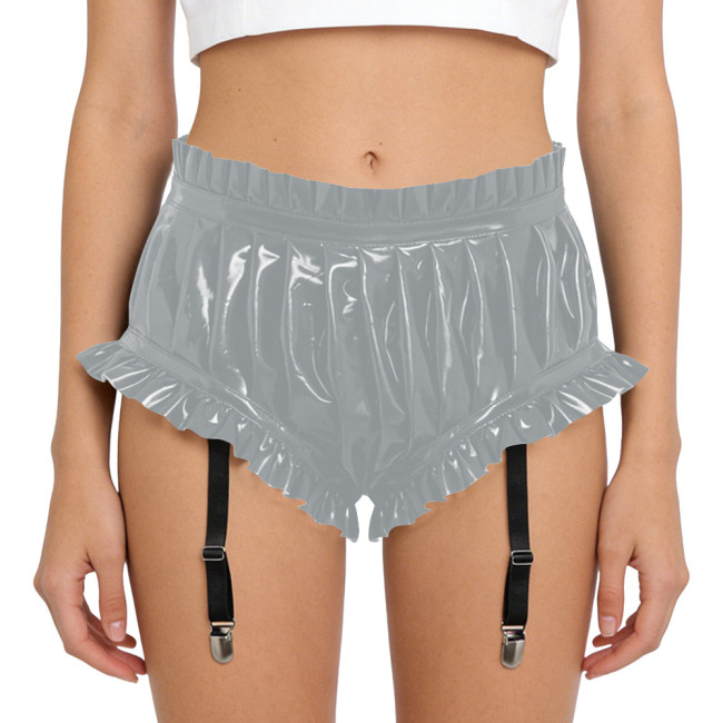 Lady Glossy PVC Leather Sexy High Waist Party Shorts Erotic Ruffle Booty Shorts Fetish Detachable Garters Gothic Cosplay Bottoms