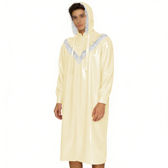 Crossdresser Wetlook Dress Sissy PVC Leather Sexy Hooded Nightgown Vintage Lace Sleepwear Gothic Zipper Front Cosplay Pajamas