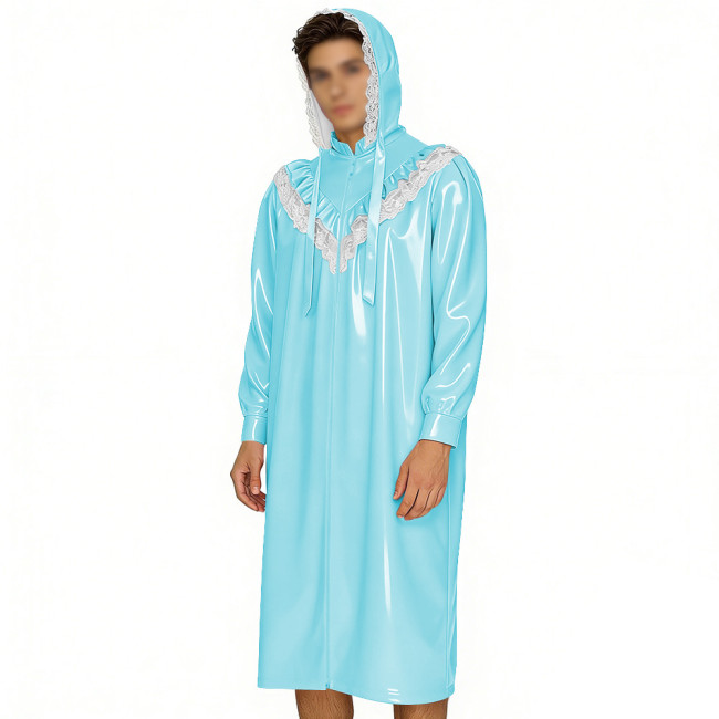 Crossdresser Wetlook Dress Sissy PVC Leather Sexy Hooded Nightgown Vintage Lace Sleepwear Gothic Zipper Front Cosplay Pajamas