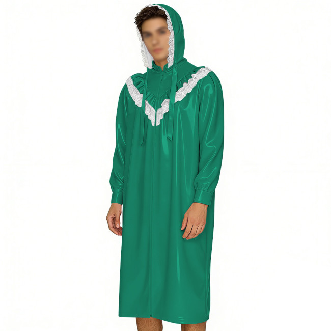Crossdresser Wetlook Dress Sissy PVC Leather Sexy Hooded Nightgown Vintage Lace Sleepwear Gothic Zipper Front Cosplay Pajamas