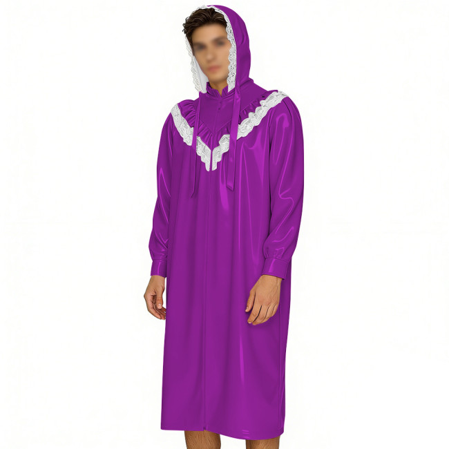 Crossdresser Wetlook Dress Sissy PVC Leather Sexy Hooded Nightgown Vintage Lace Sleepwear Gothic Zipper Front Cosplay Pajamas