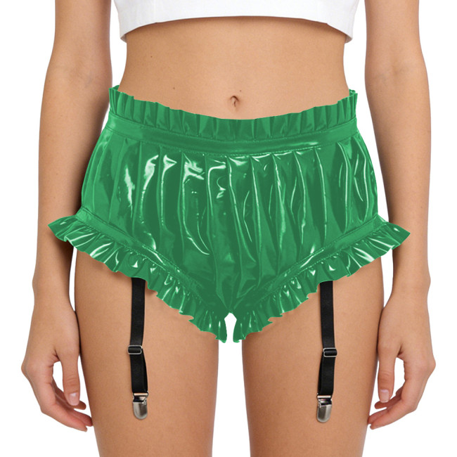 Lady Glossy PVC Leather Sexy High Waist Party Shorts Erotic Ruffle Booty Shorts Fetish Detachable Garters Gothic Cosplay Bottoms