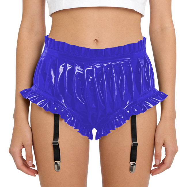 Lady Glossy PVC Leather Sexy High Waist Party Shorts Erotic Ruffle Booty Shorts Fetish Detachable Garters Gothic Cosplay Bottoms