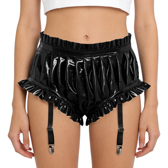 Lady Glossy PVC Leather Sexy High Waist Party Shorts Erotic Ruffle Booty Shorts Fetish Detachable Garters Gothic Cosplay Bottoms