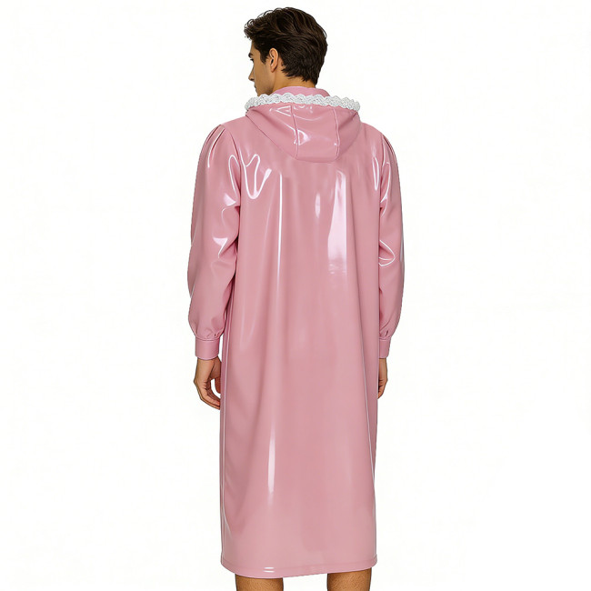 Crossdresser Wetlook Dress Sissy PVC Leather Sexy Hooded Nightgown Vintage Lace Sleepwear Gothic Zipper Front Cosplay Pajamas