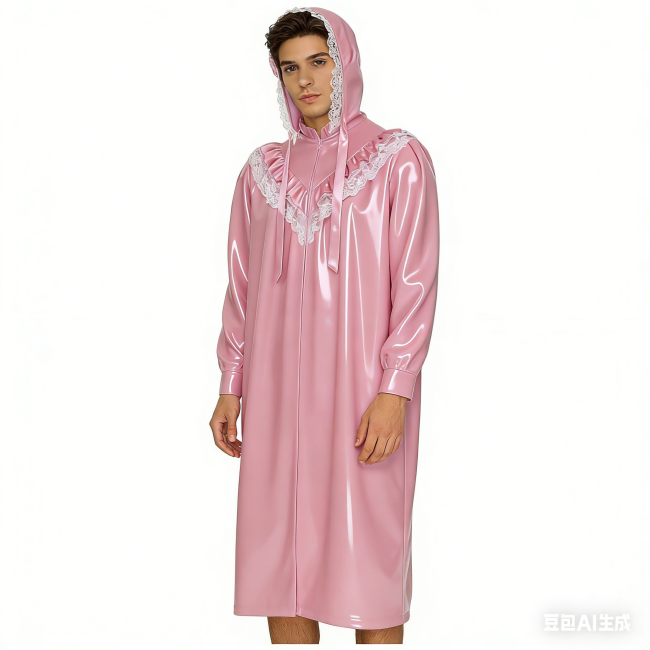 Crossdresser Wetlook Dress Sissy PVC Leather Sexy Hooded Nightgown Vintage Lace Sleepwear Gothic Zipper Front Cosplay Pajamas