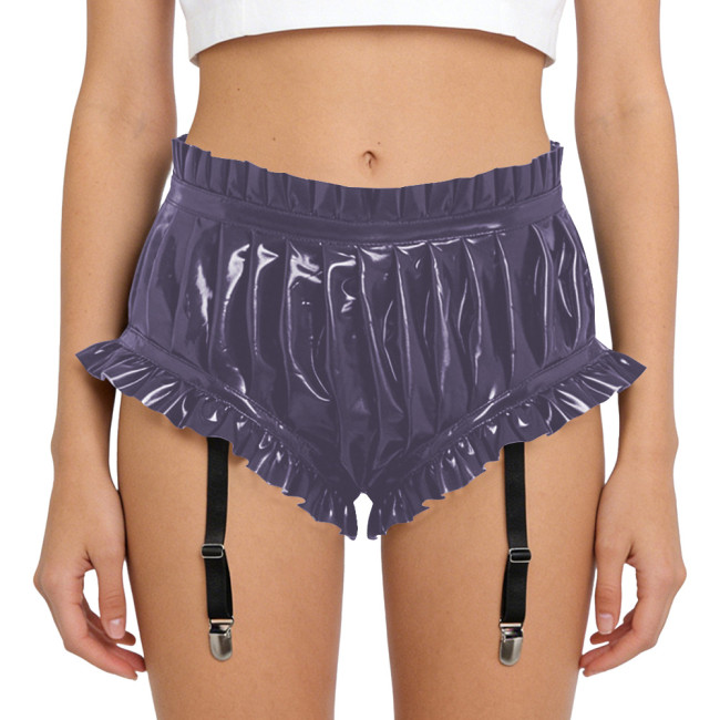 Lady Glossy PVC Leather Sexy High Waist Party Shorts Erotic Ruffle Booty Shorts Fetish Detachable Garters Gothic Cosplay Bottoms