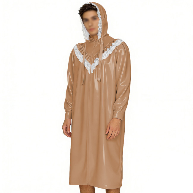 Crossdresser Wetlook Dress Sissy PVC Leather Sexy Hooded Nightgown Vintage Lace Sleepwear Gothic Zipper Front Cosplay Pajamas