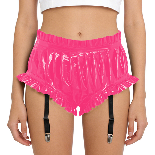 Lady Glossy PVC Leather Sexy High Waist Party Shorts Erotic Ruffle Booty Shorts Fetish Detachable Garters Gothic Cosplay Bottoms