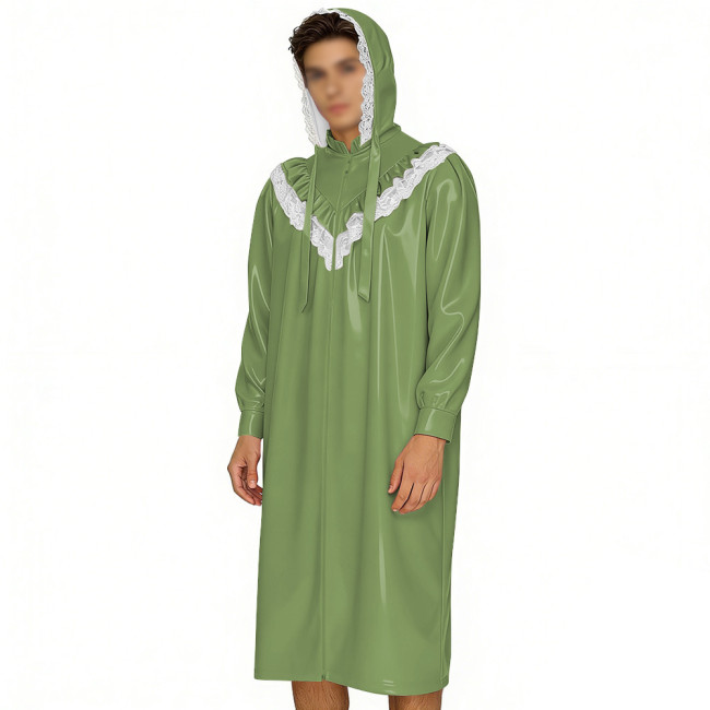 Crossdresser Wetlook Dress Sissy PVC Leather Sexy Hooded Nightgown Vintage Lace Sleepwear Gothic Zipper Front Cosplay Pajamas