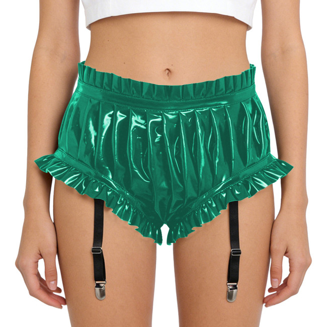 Lady Glossy PVC Leather Sexy High Waist Party Shorts Erotic Ruffle Booty Shorts Fetish Detachable Garters Gothic Cosplay Bottoms